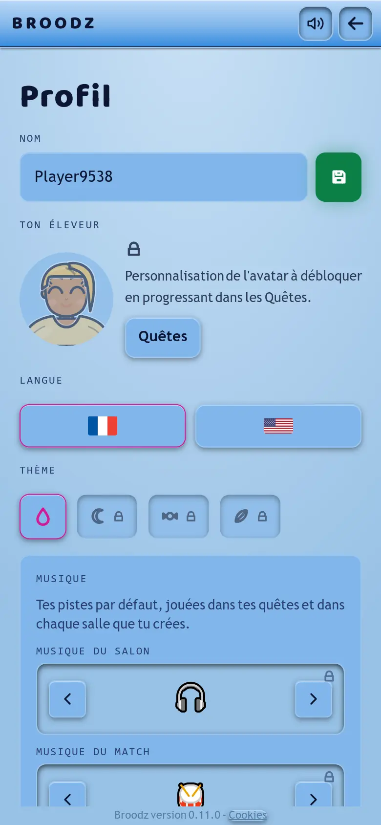 Capture d'écran BROODZ : Les réglages