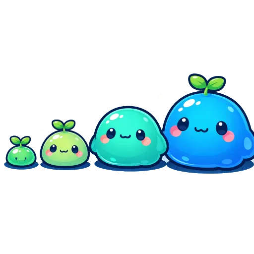 Quatre créatures alignées qui grandissent, de la petite pousse verte à la grande créature azur.