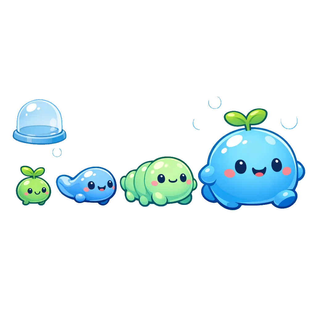 La lignée BROODZ : de petites créatures rondes, bleu azur et vertes, alignées de la plus petite à la plus grande.
